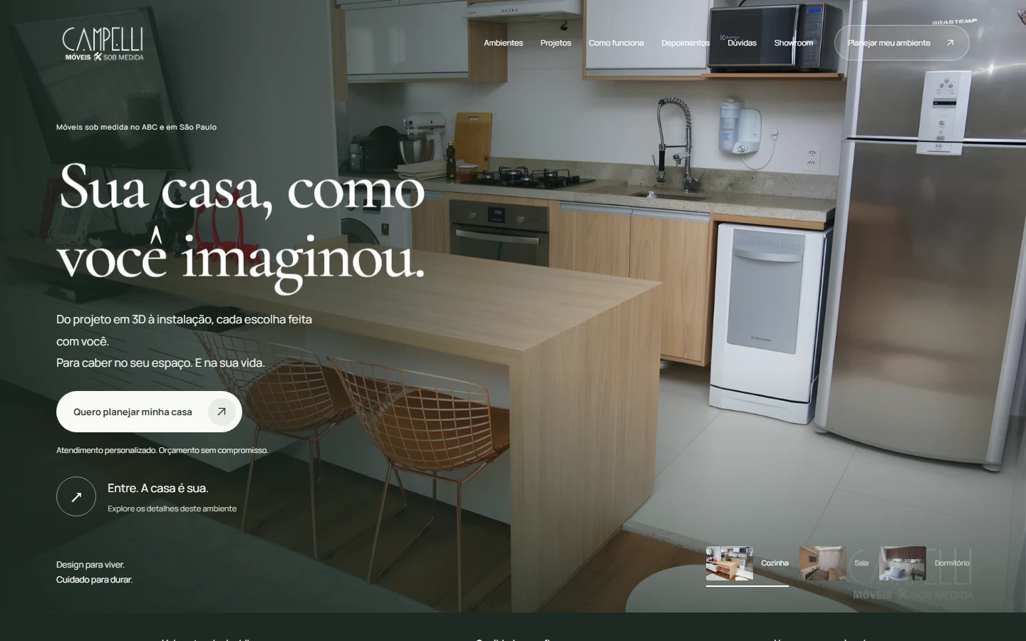 Site Campelli: cozinha sob medida, abertura interativa e convite para planejar a casa